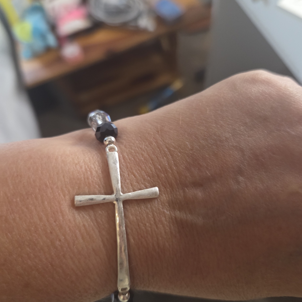 Silver Cross Bracelet with Black Beads